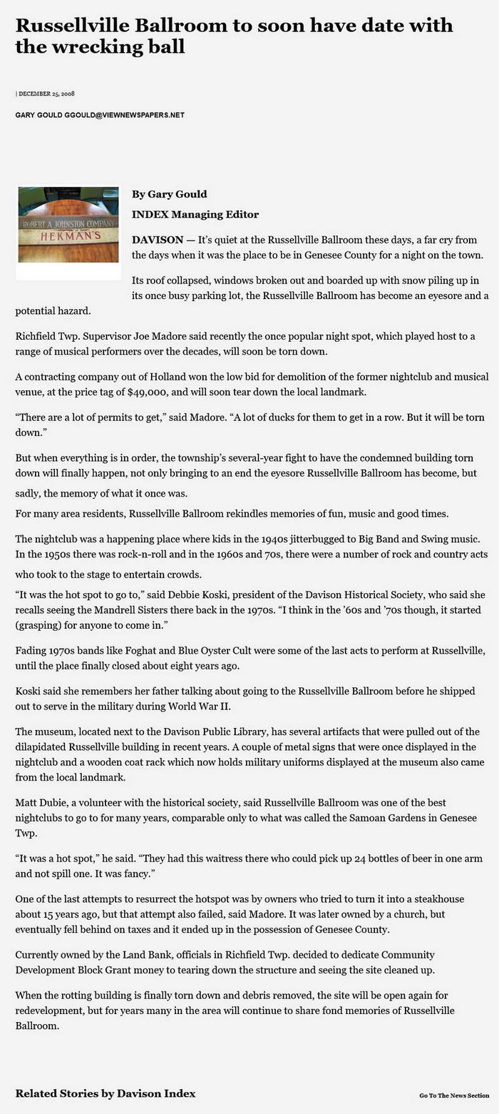 Russellville Ballroom - Article From Davison Index - Gary Gould (newer photo)